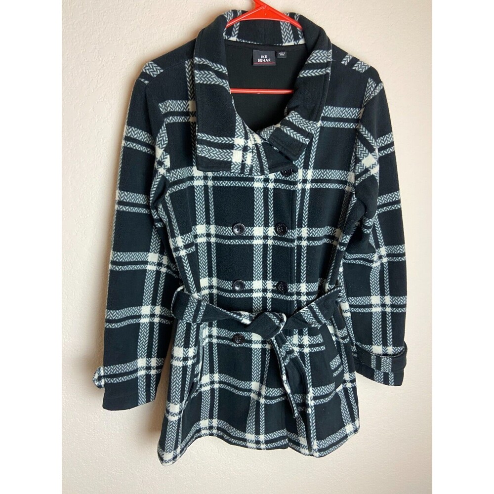 Ike Behar Womens Pea Coat Black White Plaid Size L Tie Button Long Sleeve